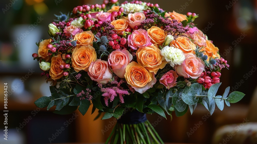 Obraz premium Beautiful Bouquet of Peach and Pink Roses with Eucalyptus and Berries