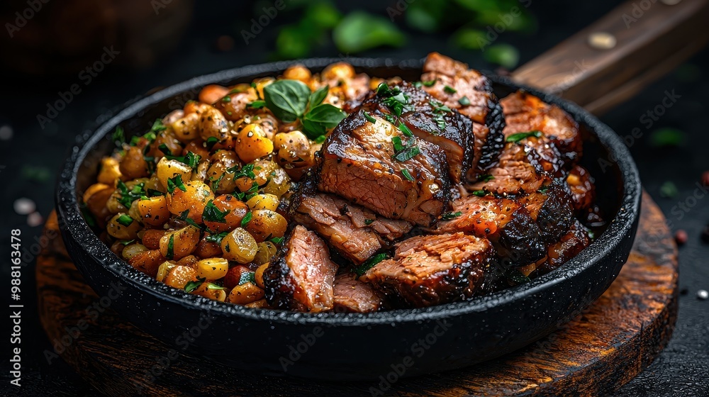 Grilled Beef with Sauteed Peas and Herbs in Black Pan Grilled Beef with Sauteed Peas and Herbs in Black Pan