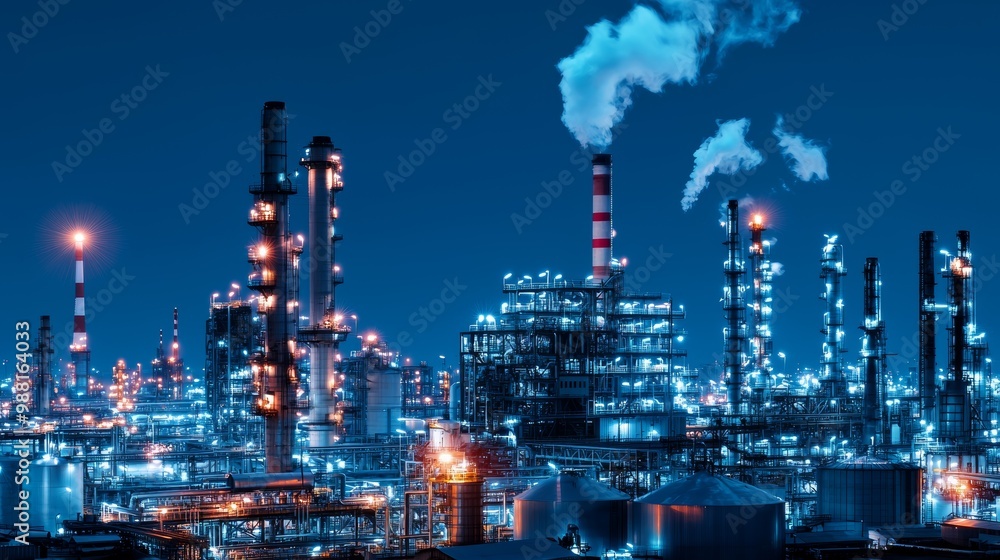 Industrial Nightscape with Emitting Smoke and Lights Industrial Nightscape with Emitting Smoke and Lights