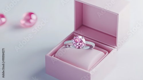 Elegant Minimalist 3D Vector Illustration of Gemstone Engagement Ring in Gift Box on White Background