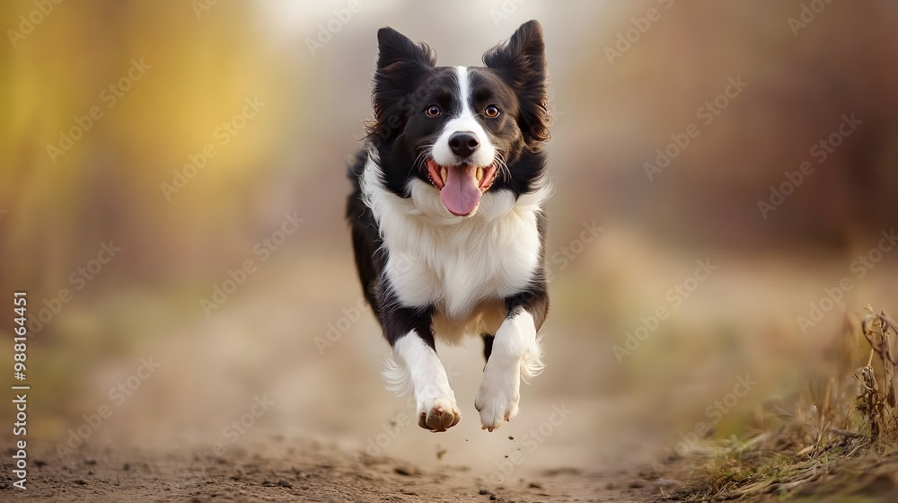 A black and white border collie dog with its tongue sticking out runs across a path in a field. A black and white border collie dog with its tongue sticking out runs across a path in a field.