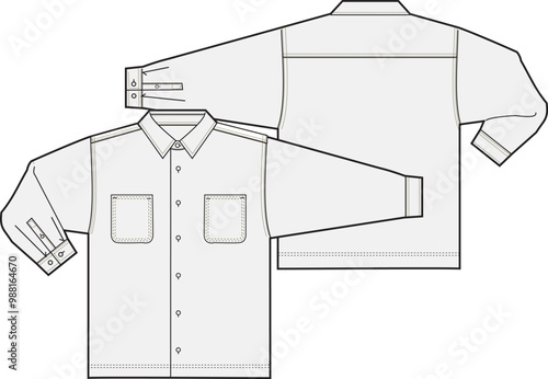Long Sleeve Workwear Button Shirt Fashion Illustration Mock-up Template for Design and Tech Packs Front and Back Views