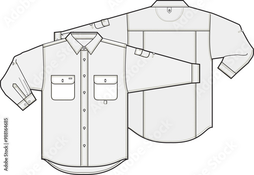 Long Sleeve Utility Button Shirt Fashion Illustration Mock-up Template for Design and Tech Packs Front and Back Views