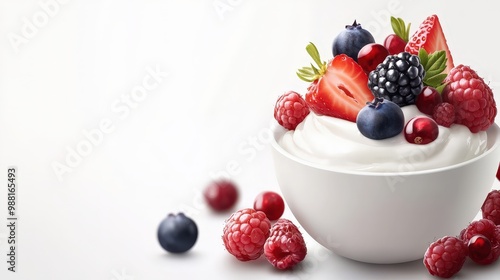 Minimal Vector Illustration of Yogurt with Berries and Fruits on White Background for Fresh Healthy Eating Concept