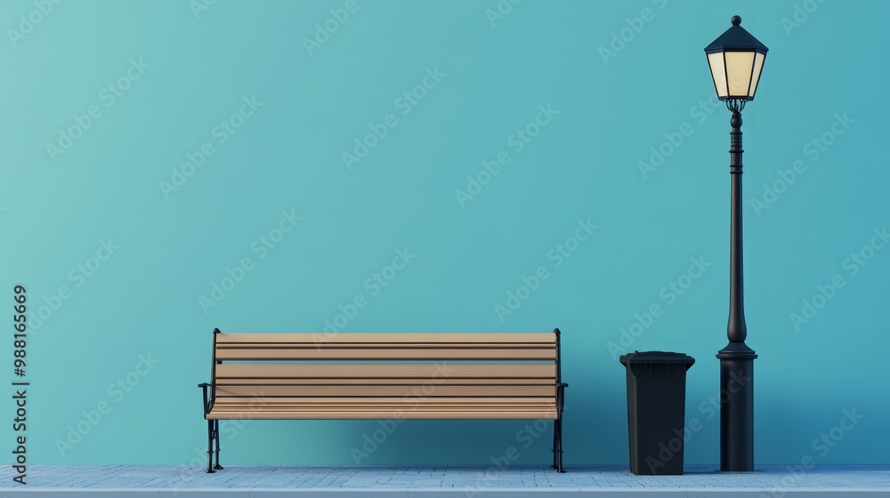 Obraz premium Modern Minimalist Urban Bench with Street Lamp and Bin in 3D Rendering against Blue Studio Background