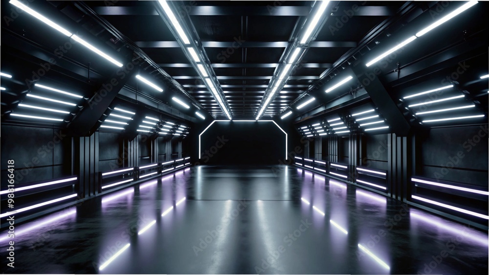 A vibrant tunnel illuminated by neon lights, leading to a bright light at the end, creating a futuristic atmosphere A vibrant tunnel illuminated by neon lights, leading to a bright light at the end, creating a futuristic atmosphere