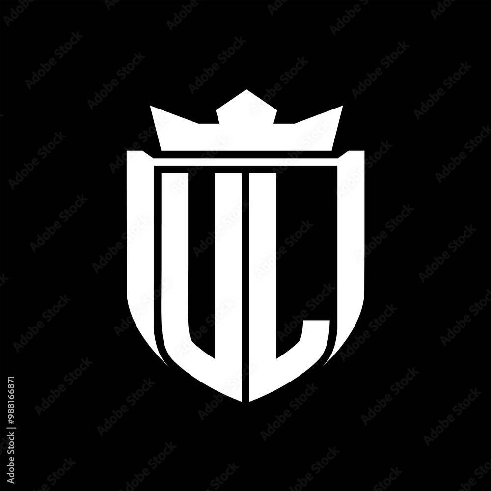 UL Letter logo shield shape inside shield badge crown on black background template design UL Letter logo shield shape inside shield badge crown on black background template design