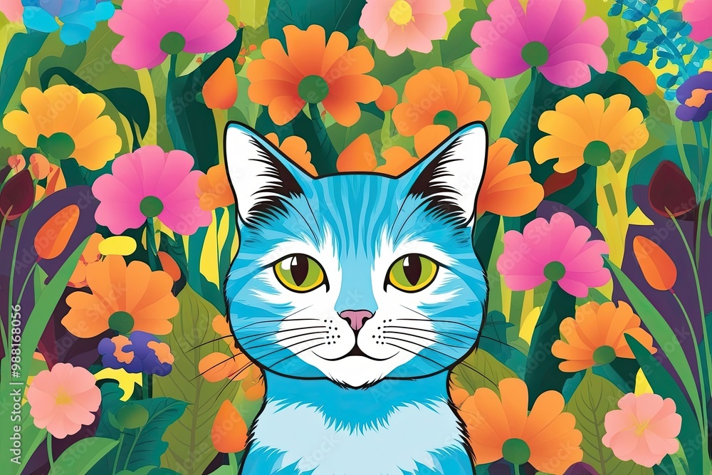 Serene Cat Illustration in a Colorful Garden Background Serene Cat Illustration in a Colorful Garden Background