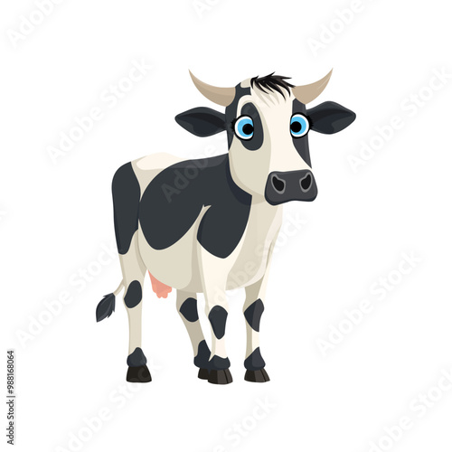 A cute cartoon black-and-white cow with large blue eyes and a friendly smile. This fun farm animal illustration is ideal for children's books, farm-themed content, and animal character designs.