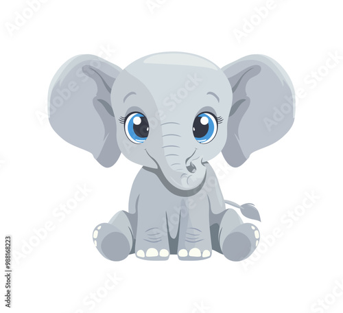 A cute cartoon illustration of a baby elephant with big blue eyes and large ears, sitting adorably. The soft color palette and friendly expression make it perfect for children’s content