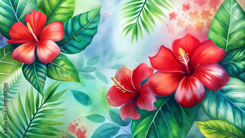 Beautiful hibiscus flowers with lush green leaves in watercolor for tropical-themed designs 