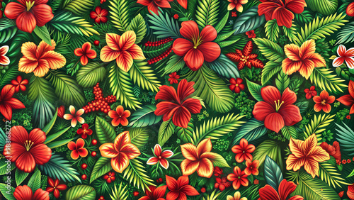 Vibrant tropical floral pattern with hibiscus and leaves for tropical designs 