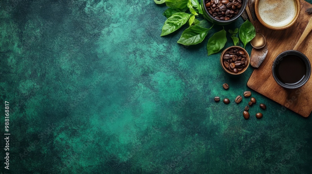 Coffee Beans Coffee Cup Green Background Top View Coffee Beans Coffee Cup Green Background Top View