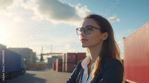Businesswoman in glasses looking towards the future at a cargo port