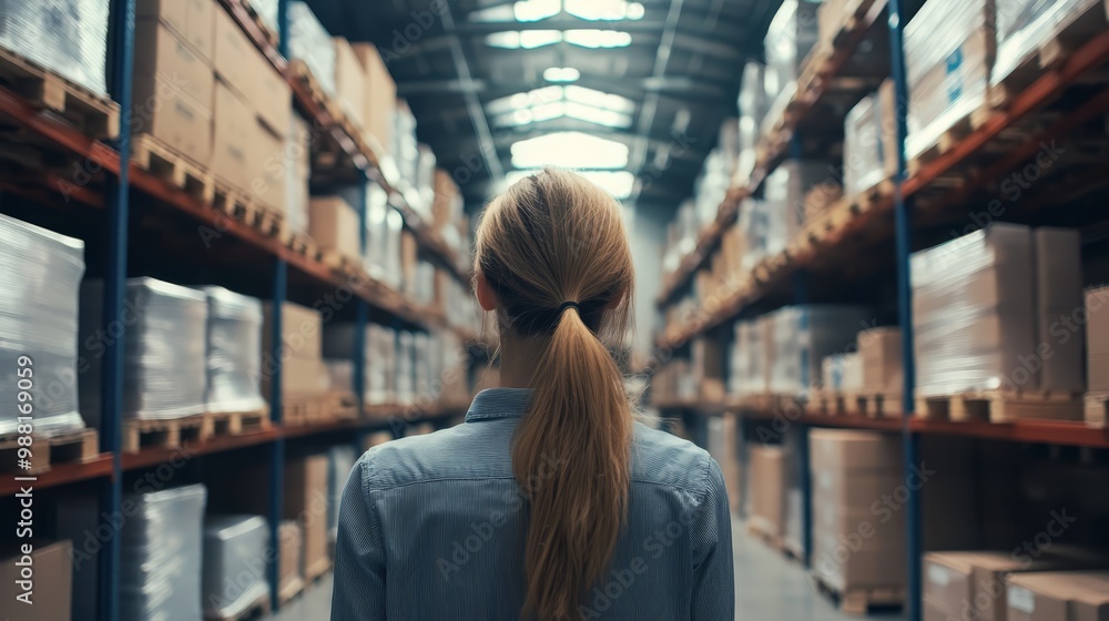 Woman walking in warehouse with rows of stacked cardboard boxes Woman walking in warehouse with rows of stacked cardboard boxes