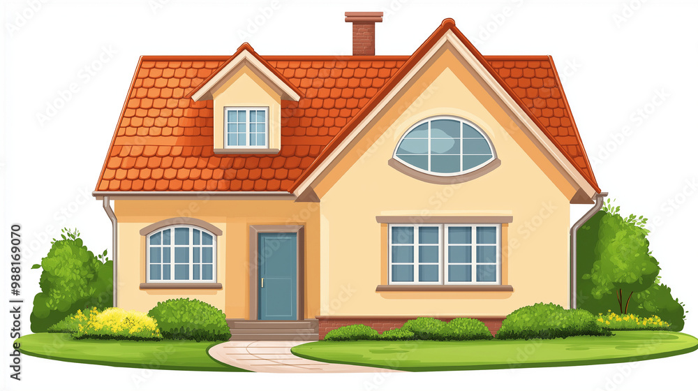 快適な暮らし: 明るいオレンジ屋根の小さな家、緑豊かな庭園付き