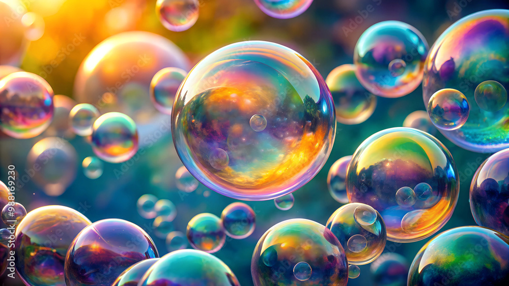 Colorful soap bubbles floating in a magical atmosphere, playful mood, shimmering reflections and light
Colorful soap bubbles floating in a magical atmosphere, playful mood, shimmering reflections and light