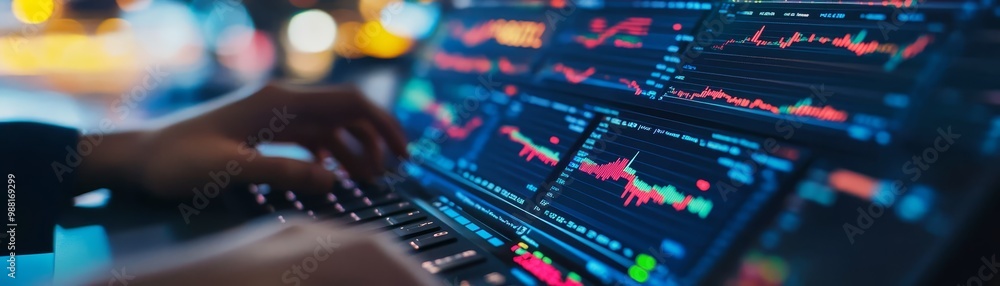Stock Market Analysis on Laptop Screen with Blurred City Lights Stock Market Analysis on Laptop Screen with Blurred City Lights