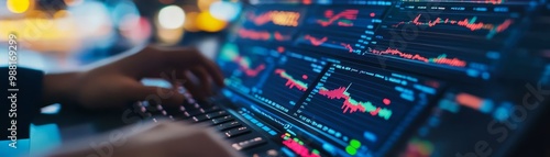 Wallpaper Mural Stock Market Analysis on Laptop Screen with Blurred City Lights Torontodigital.ca