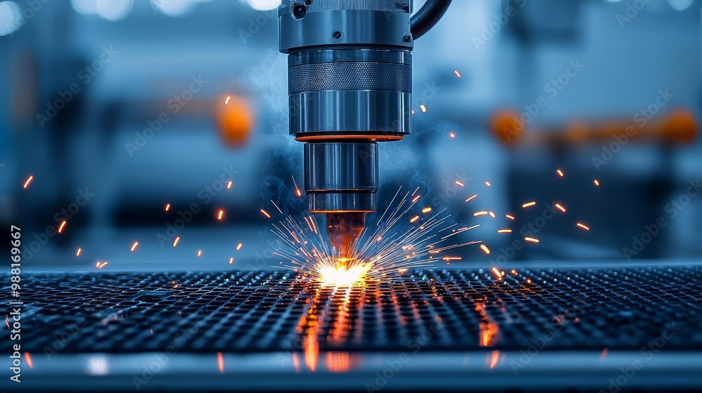Close-up of a welding torch at work on a metal structure, intricate engineering details, sparks flying, industrial background with soft light, clean and professional setting Close-up of a welding torch at work on a metal structure, intricate engineering details, sparks flying, industrial background with soft light, clean and professional setting