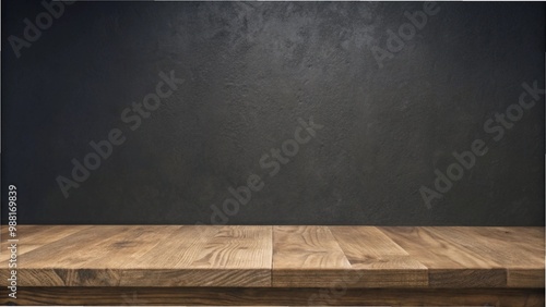  Empty oak tabletop against a black cement wall, creating a rustic backdrop for product displays and promotions.