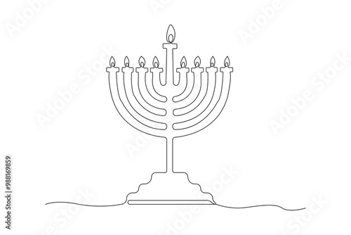 Hanukkah menorah one-line art drawing isolated on white background. Vector illustration.