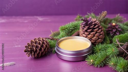 Balm tin with pine cones and evergreen branches on a purple background, natural skincare concept. photo