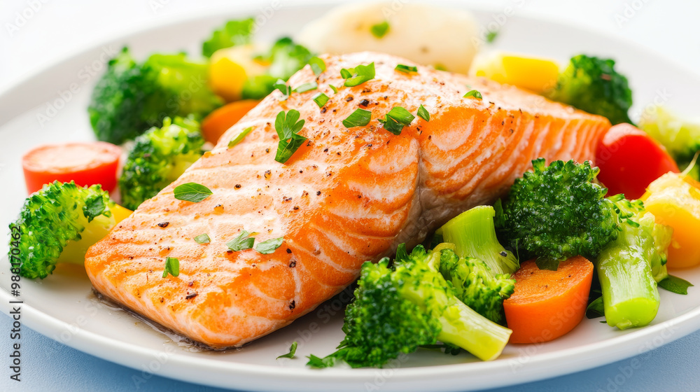 Delicious salmon fillet with vibrant steamed vegetables on plate, showcasing healthy and colorful meal. combination of flavors and textures creates delightful dining experience Delicious salmon fillet with vibrant steamed vegetables on plate, showcasing healthy and colorful meal. combination of flavors and textures creates delightful dining experience