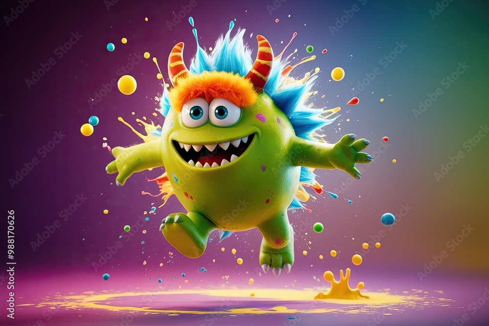 Naklejka premium Vibrant Colorful Chaos Monster Bouncing in Joyful 3D Animation with Whimsical Splashes of Color