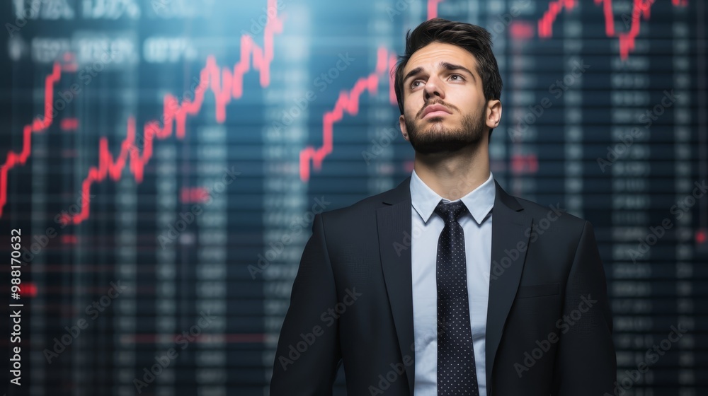 Businessman Looking Up at Stock Market Data Businessman Looking Up at Stock Market Data