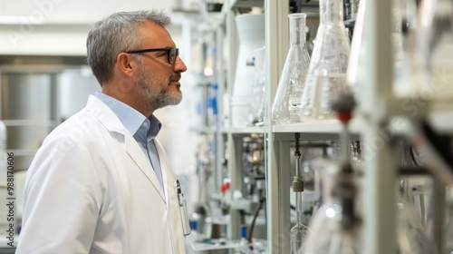 Scientist examining lab equipment in a modern laboratory