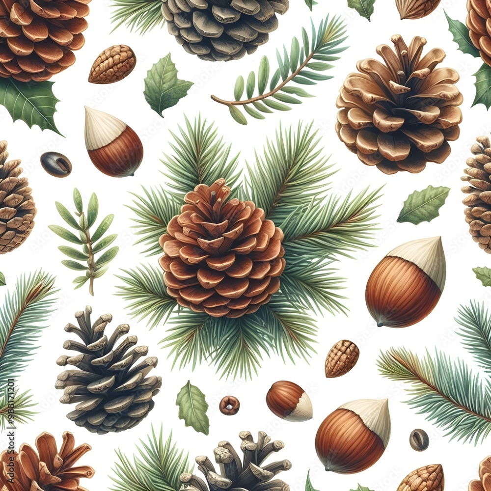 Fototapeta premium Pine and hazelnut fruit pattern design