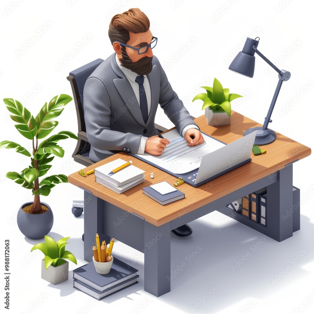 Businessman Writing Document in Modern Office Setting Businessman Writing Document in Modern Office Setting