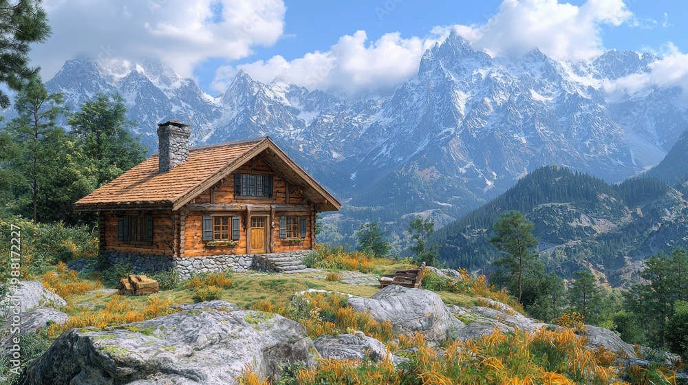 Wooden Cabin in the Mountains with Snow Capped Peaks Wooden Cabin in the Mountains with Snow Capped Peaks
