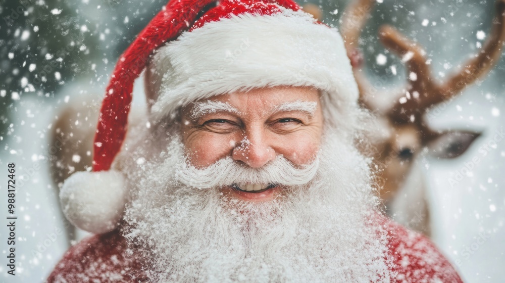 Santa Claus smiles warmly as he prepares for Christmas Eve, surrounded by snowflakes and his trusty reindeer in a winter landscape Santa Claus smiles warmly as he prepares for Christmas Eve, surrounded by snowflakes and his trusty reindeer in a winter landscape
