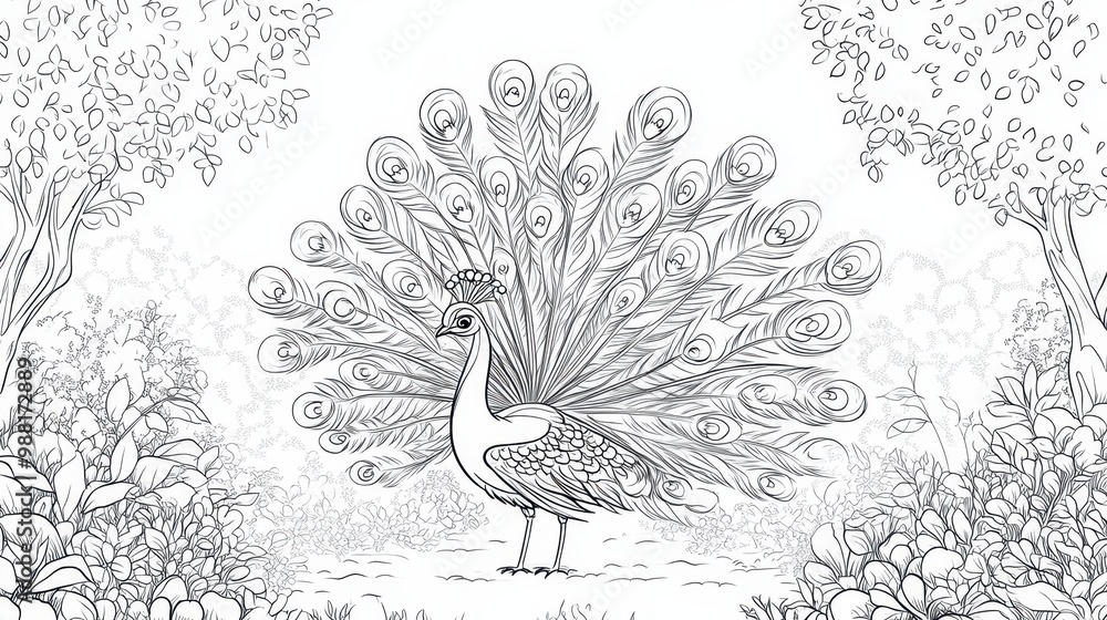 Obraz premium Peacock in a Forest, Black and White Illustration