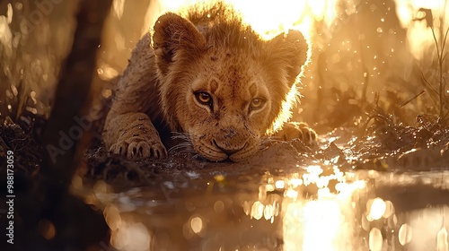 Lion Cub Drinking Water in Golden Sunlight photo