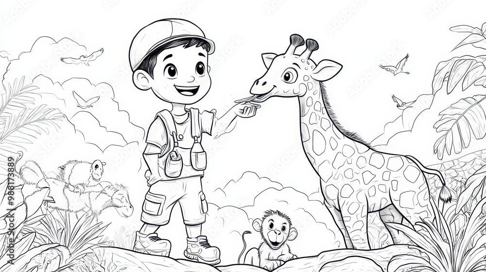 Obraz premium Boy Feeding a Giraffe in the Jungle