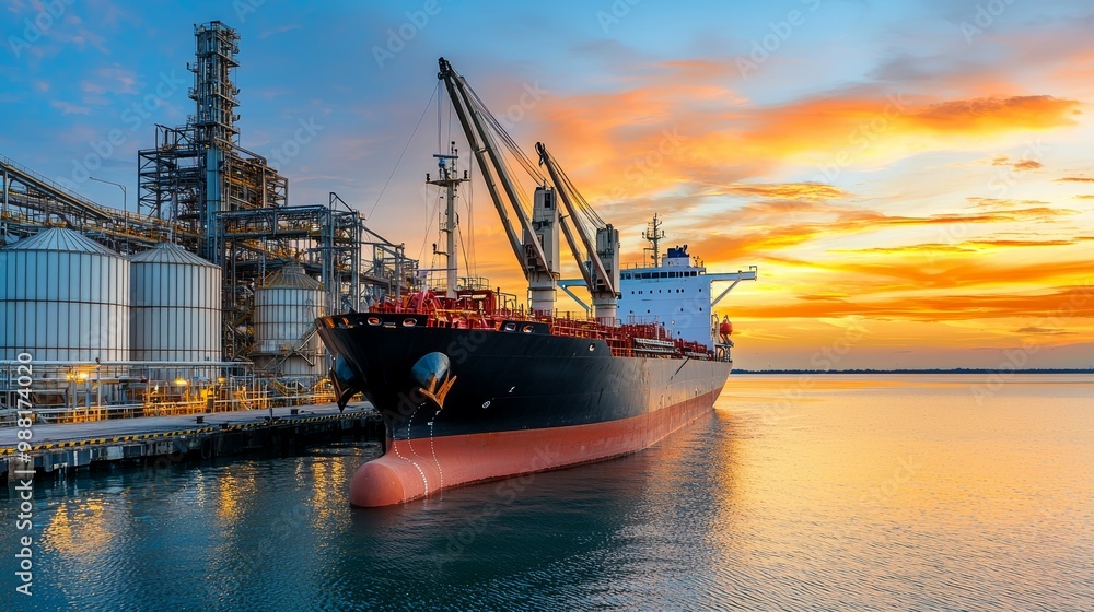 Fototapeta premium Cargo ship at sunset near industrial port facilities