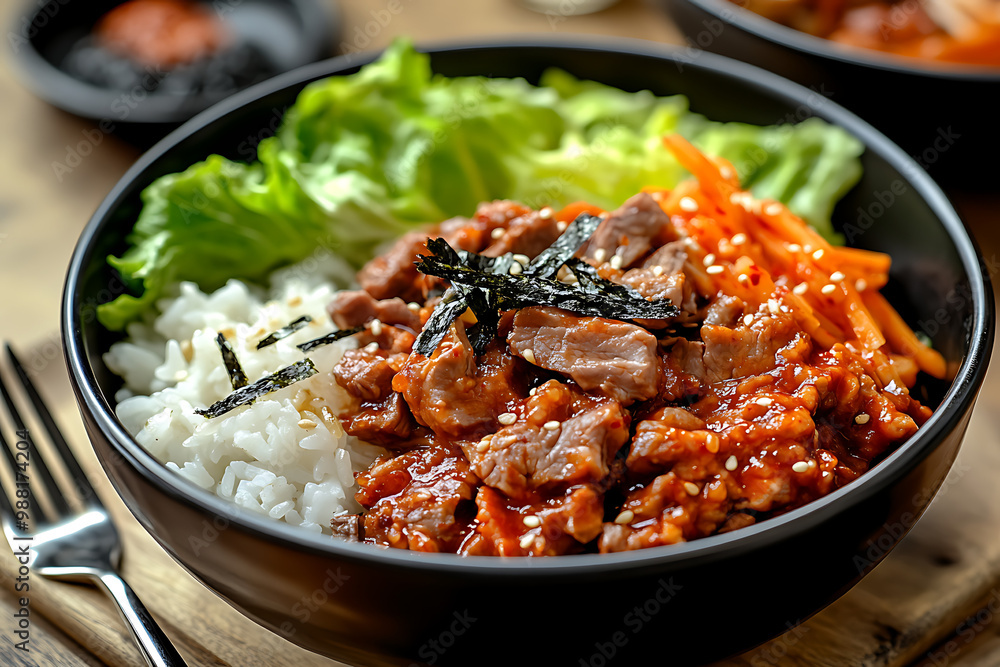 Korean bulgog Gothic style photography of a bowl with rice and layered meat and salad leaves in a close-up shot Korean bulgog Gothic style photography of a bowl with rice and layered meat and salad leaves in a close-up shot