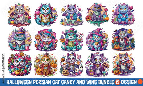 Halloween Persian Cat Candy and wine T-shirt Design with Candy and Wine. Artistic, hand-drawn illustration. High-quality vector art on a white background, ideal for standout t-shirt prints.

