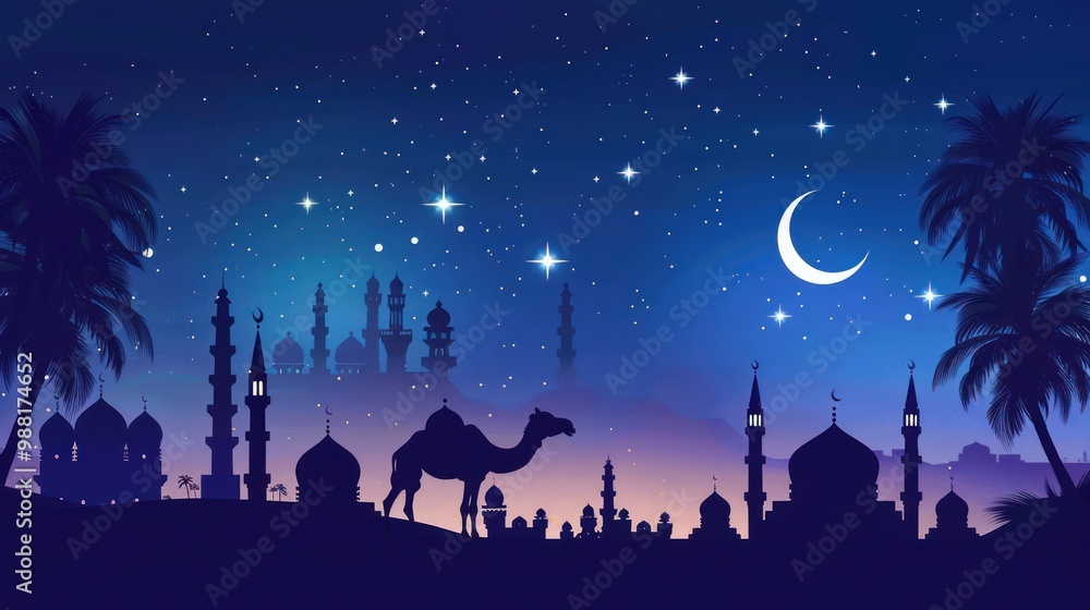 Fototapeta premium Night Sky with Crescent Moon and Camel