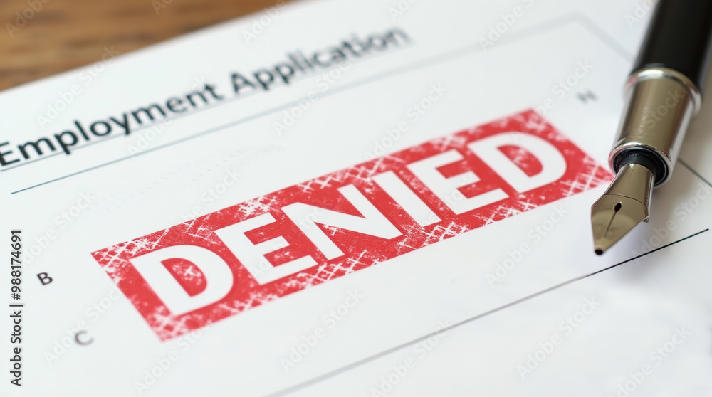 Obraz premium Red denied stamp on employment application form with pen