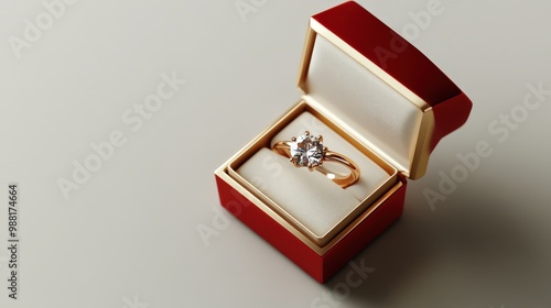 Minimalist 3D vector illustration of an engagement ring with a gemstone inside a gift box, set against a white background, emphasizing clean, detailed rendering and straightforward design