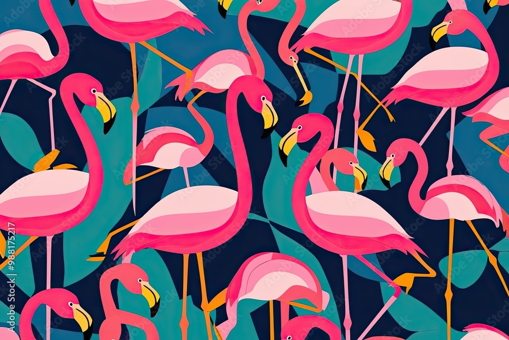Vibrant Flying Flamingos in Abstract Block Print Style Vibrant Flying Flamingos in Abstract Block Print Style