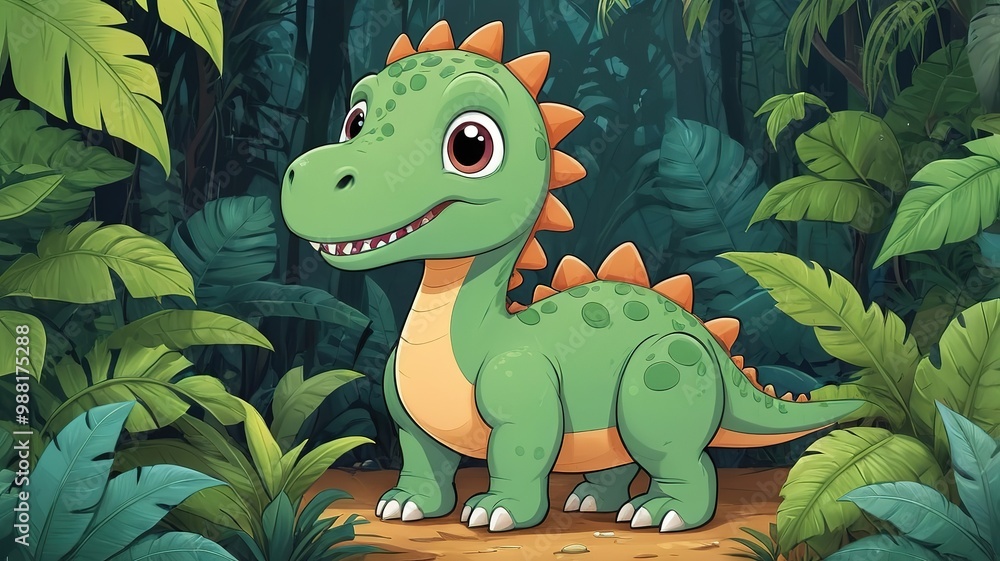 Bright dinosaurs exploring a green forest, cartoon style, vibrant colors. Bright dinosaurs exploring a green forest, cartoon style, vibrant colors.