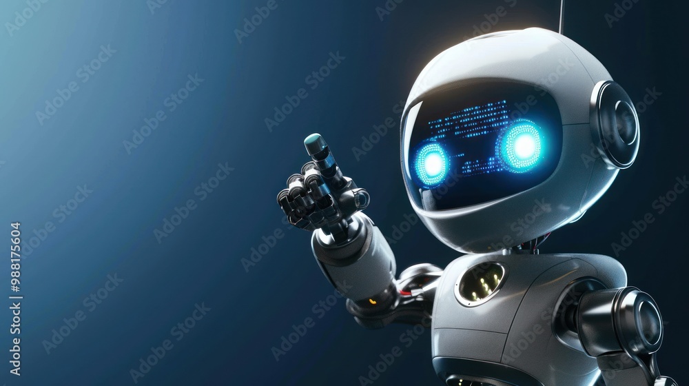 Fototapeta premium Cute smart futuristic robot pointing to empty space on dark blue background AI generated image