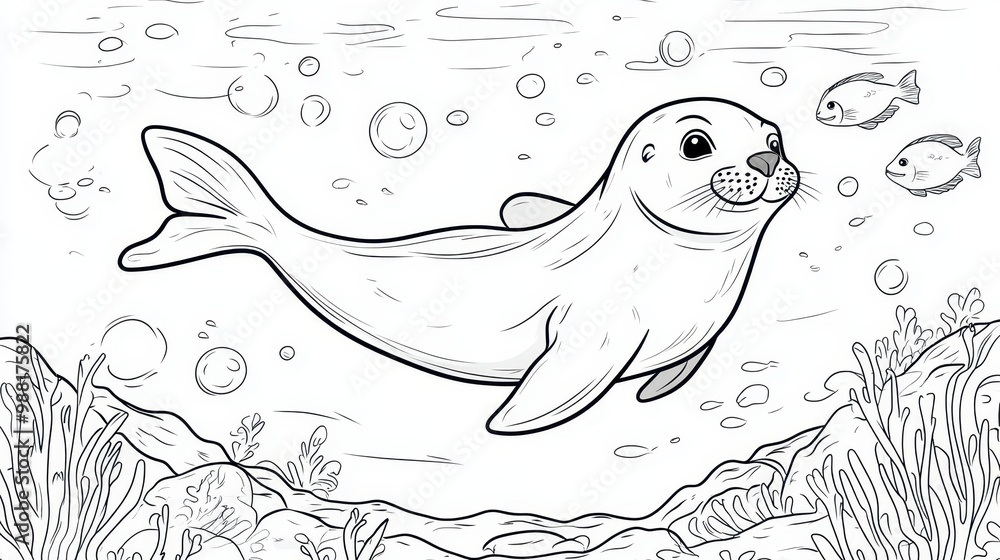 Obraz premium Black and White Illustration of a Seal Swimming
