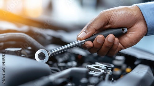 An engineers hand reaches for a tool in a clean, minimalist industrial workspace No facial details visible, Created with Generative AI.