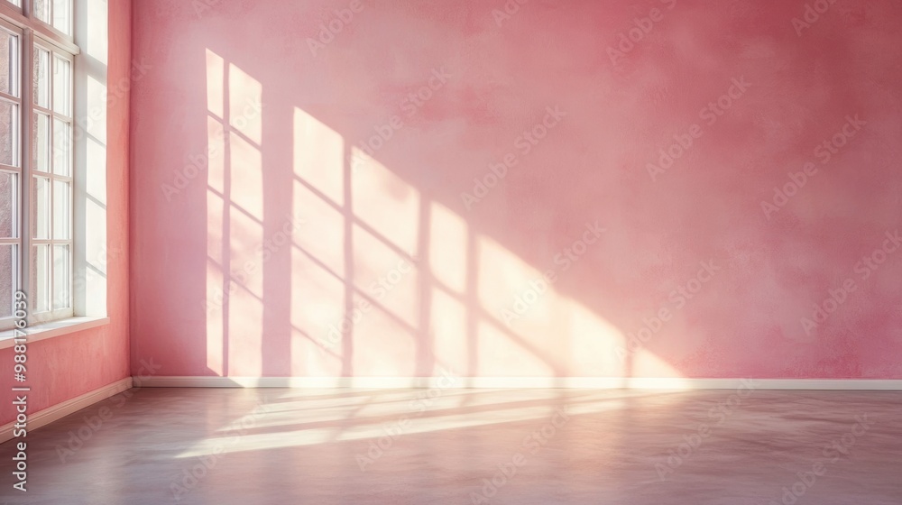 Obraz premium Soft sunlight gently illuminates a pink wall, casting intricate shadows on the floor in a calm and empty interior